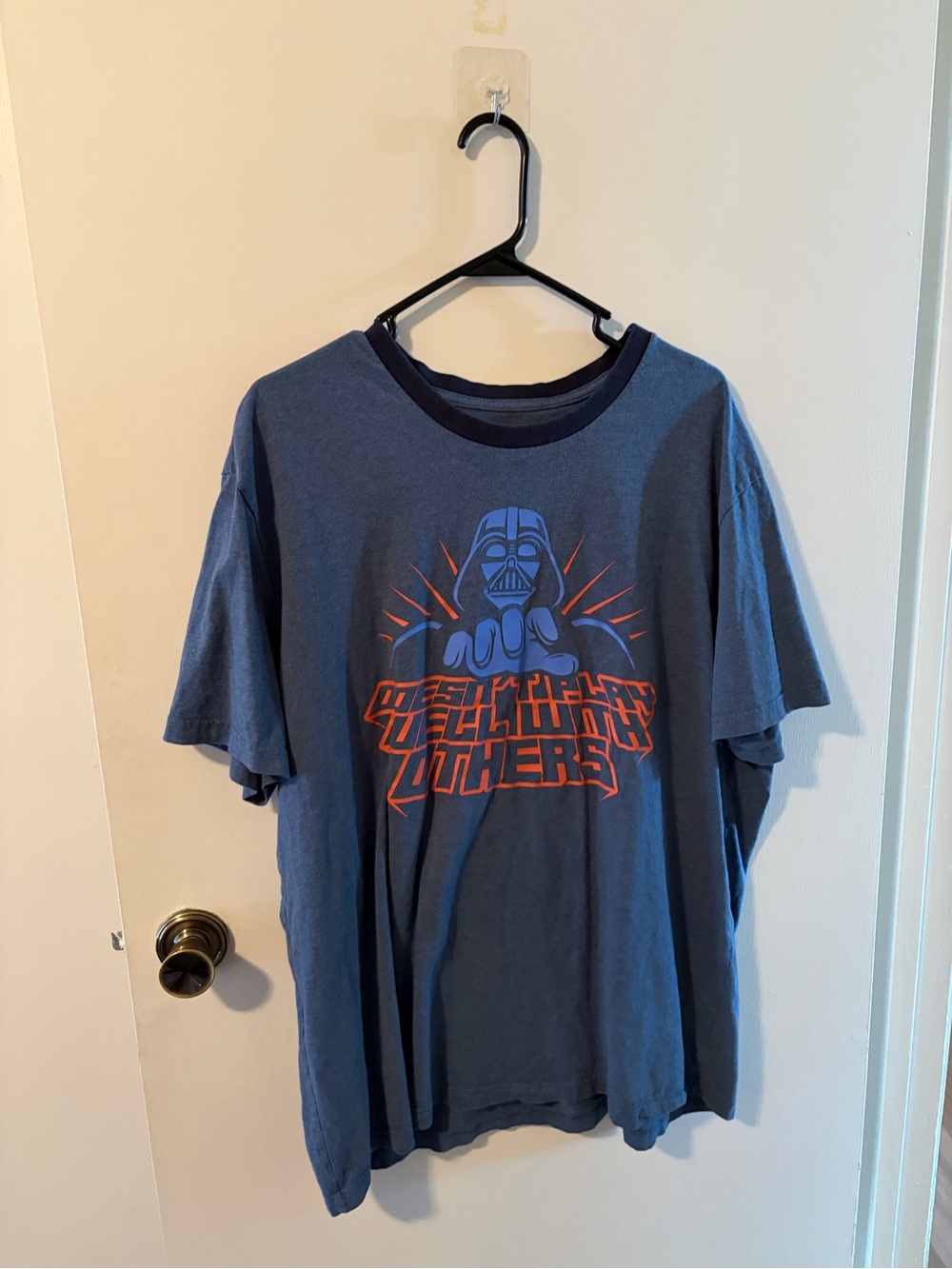 Disney Men's Navy Blue Darth Vader Graphic Tee with Orange Accents
